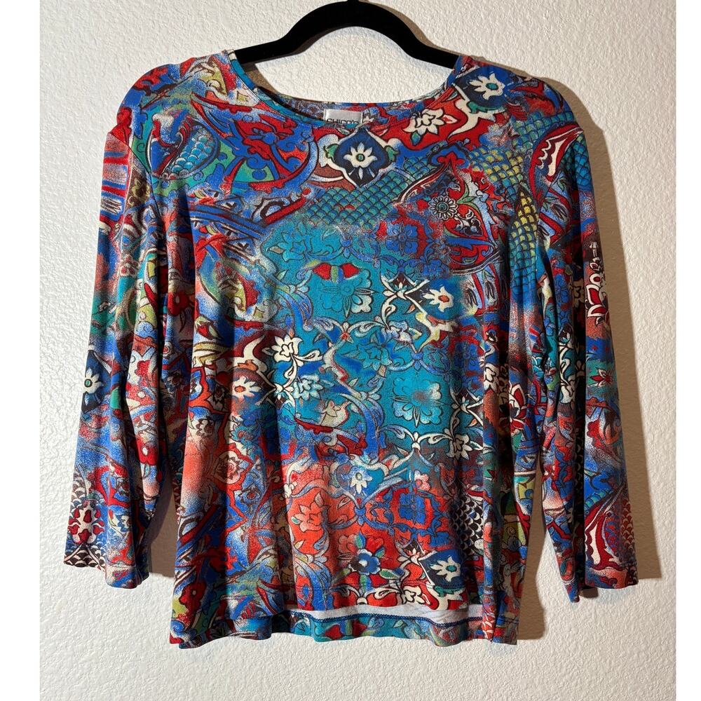Chico's Size 2 (L) Colorful Koi-Fish Inspired Floral 3/4 Sleeve Stretch Top